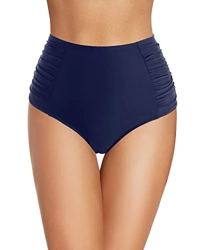 Push - up bikini top to enhance the bust for a confident beach appearanceRetro High Waisted Bikini Bottoms Ruched Tummy Control Swimsuit Bottoms-Navy Blue Push - up bikini top to enhance the bust for a confident beach appearanceRetro High Waisted Bikini Bottoms Ruched Tummy Control Swimsuit Bottoms-Navy Blue