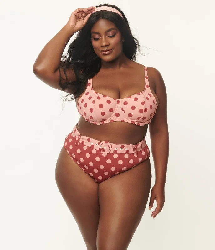 Plus size swimsuits with geometric patternsKingdom & State Plus Size Dusty Pink & Burgundy Polka Dot Swim Top Plus size swimsuits with geometric patternsKingdom & State Plus Size Dusty Pink & Burgundy Polka Dot Swim Top