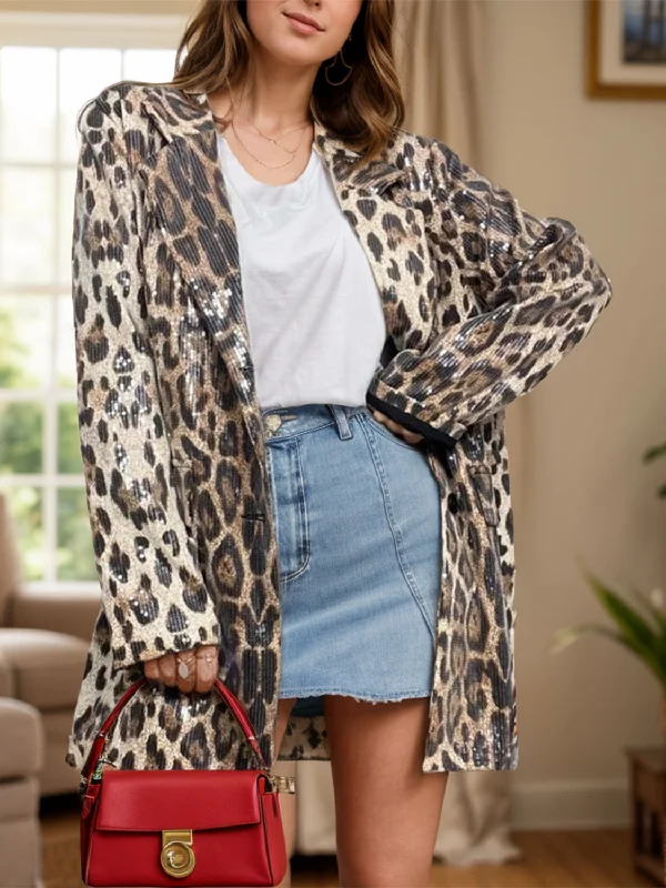 Metallic Bodysuits for a Glitzy and Glamorous Night OutLeopard Lapel Collar Long Sleeve Longline Blazer