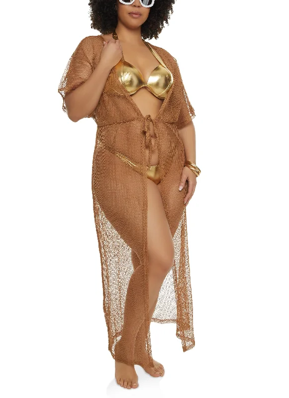 Plus size swimwear for pear-shaped figuresPlus Size Fishnet Tie Waist Cover Up Kimono Plus size swimwear for pear-shaped figuresPlus Size Fishnet Tie Waist Cover Up Kimono