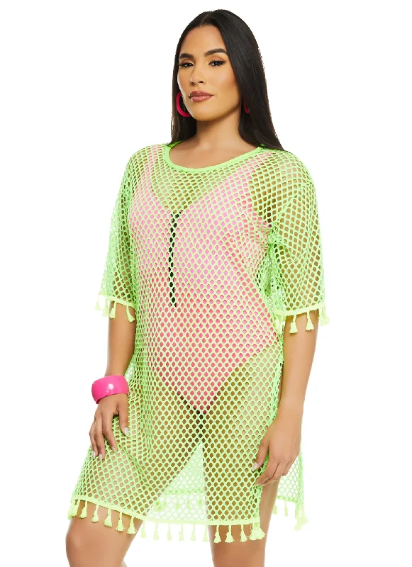 Plus size swimsuits with pockets for essentialsTassel Trim Fishnet Cover Up