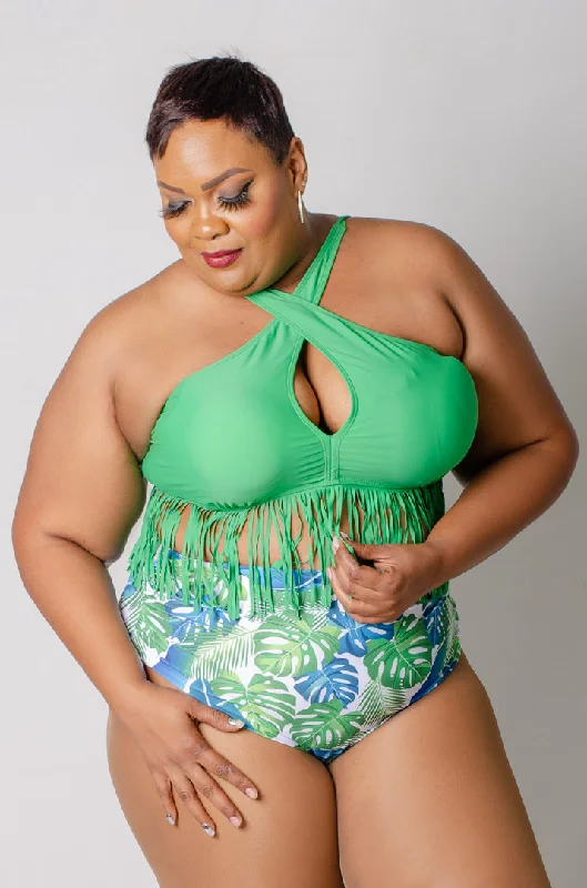 Plus size ruched swimsuits for a slimming effectOn the Fringe Bikini Set