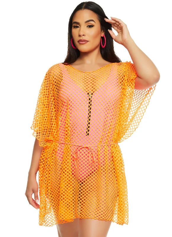Plus size swimsuits with tummy control panelsFishnet Tie Waist Belted Cover Up Top