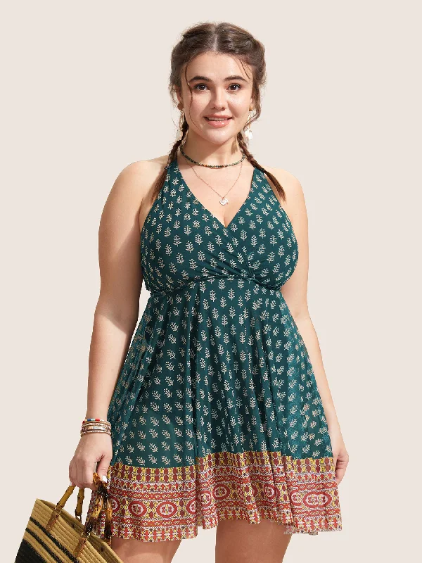 Swim sets with a mesh - back design for a breathable and sexy lookOverlap Collar Boho Print Patchwork Swim Dress