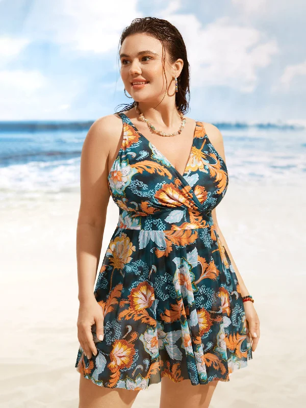Swim sets with fringe for a fun and flirty lookOverlap Collar Contrast Floral Mesh Swim Dress
