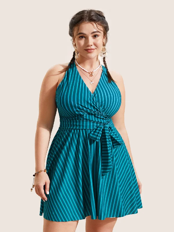 Swim sets with a linen - like fabric for a breathable and natural lookOverlap Collar Striped Tie Knot Swim Dress Swim sets with a linen - like fabric for a breathable and natural lookOverlap Collar Striped Tie Knot Swim Dress