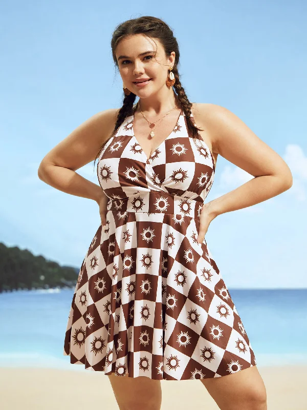 Neon - colored swim sets for a bold statementOverlap Collar Sun Print Pocket Swim Dress