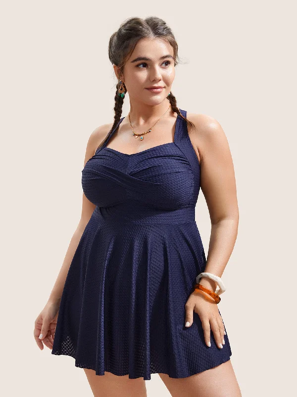 Swim sets with a denim - like texture for a casual and trendy stylePlain Textured Crossover Bodycon Swim Dress Swim sets with a denim - like texture for a casual and trendy stylePlain Textured Crossover Bodycon Swim Dress