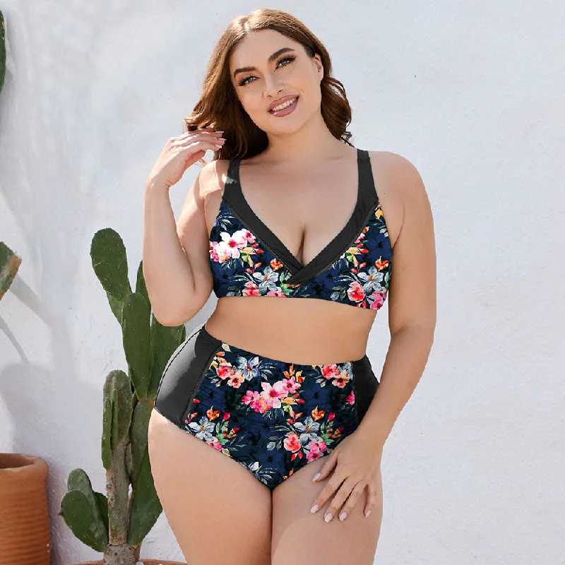 Swim sets with mesh panels for a sexy and breathable designPlus Size Floral High Waist Two-Piece Swim Set