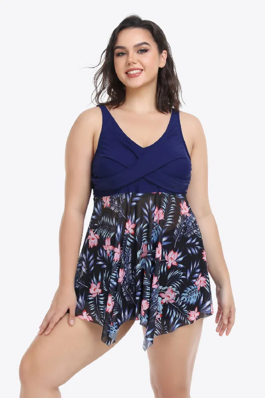 Swim sets with a denim - like texture for a casual and trendy stylePlus Size Floral Two-Tone Asymmetrical Hem Two-Piece Swimsuit Swim sets with a denim - like texture for a casual and trendy stylePlus Size Floral Two-Tone Asymmetrical Hem Two-Piece Swimsuit