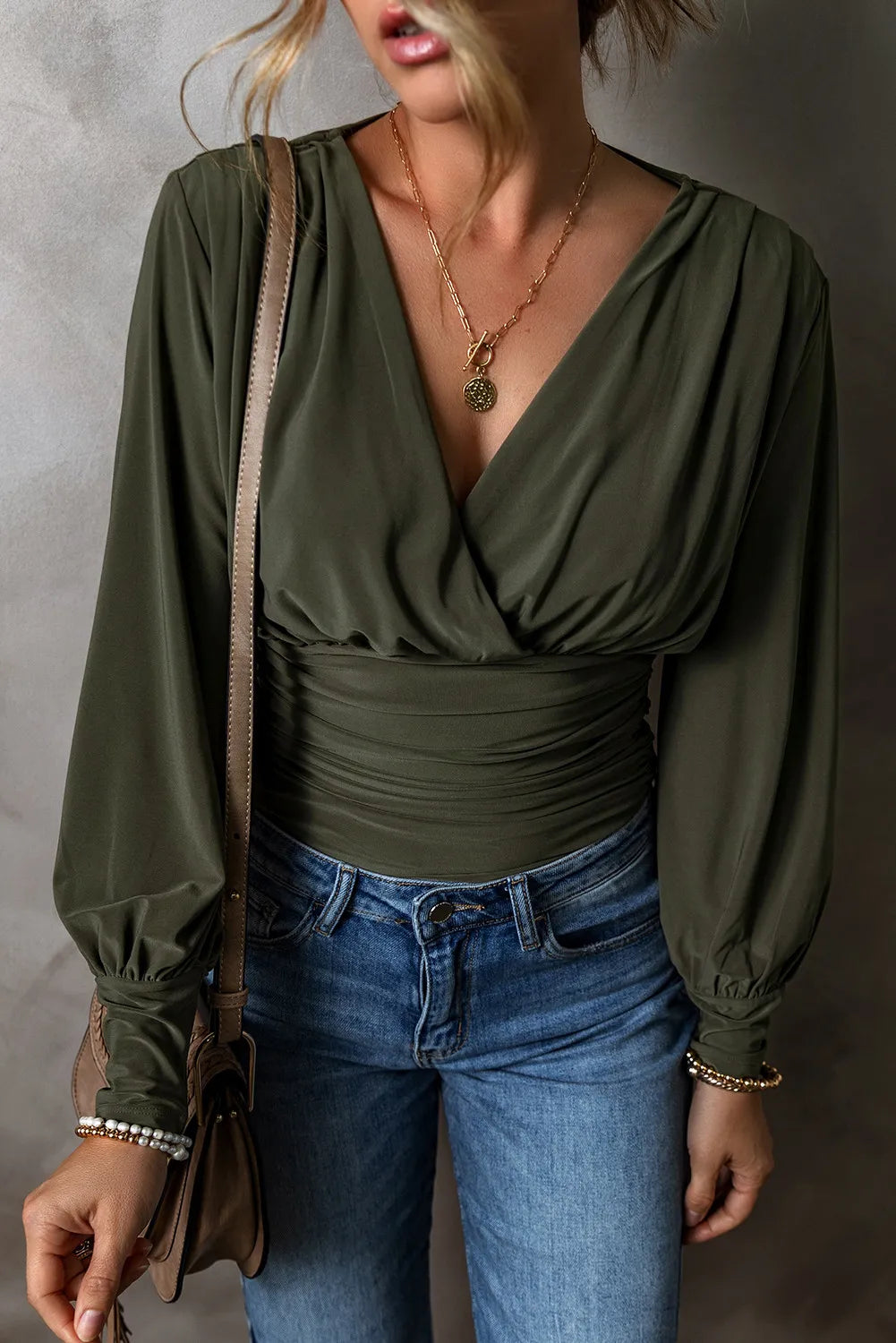 Organic Cotton Bodysuits for an Eco - Friendly and Comfortable OptionRuched Surplice Long Sleeve Bodysuit