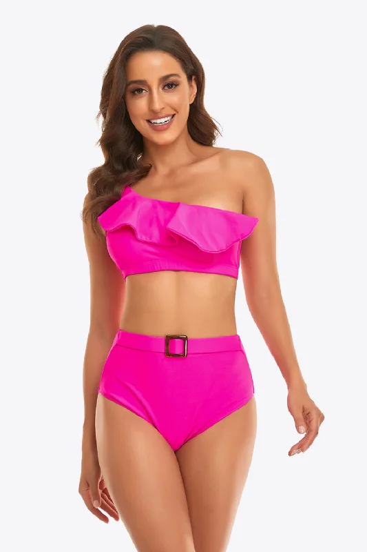 Swim sets with a belt - loop detail for added styleRuffled One-Shoulder Buckled Bikini Set Swim sets with a belt - loop detail for added styleRuffled One-Shoulder Buckled Bikini Set