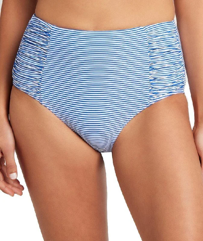 Plus - size bikini with full - coverage options for comfort and confidenceSea Level Positano Stripe Gathered Side High Waist Brief - Azure Plus - size bikini with full - coverage options for comfort and confidenceSea Level Positano Stripe Gathered Side High Waist Brief - Azure