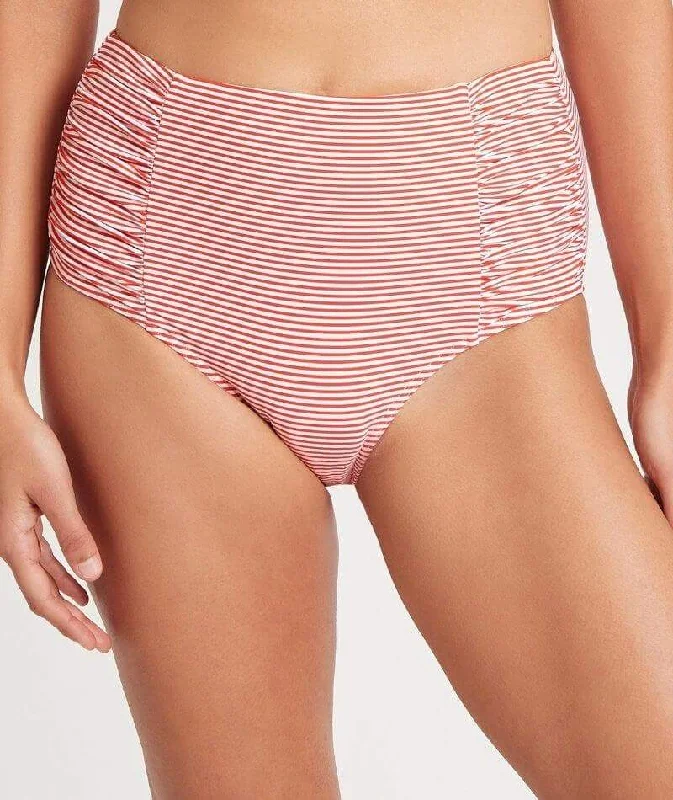 High - waisted bikini for a retro and tummy - flattering lookSea Level Positano Stripe Gathered Side High Waist Brief - Orange High - waisted bikini for a retro and tummy - flattering lookSea Level Positano Stripe Gathered Side High Waist Brief - Orange