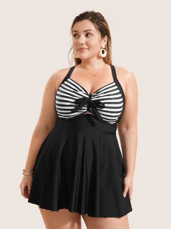 Swim sets with a pleated skirt for a more modest and feminine lookStripes Patchwork Tie Knot Cross Straps Swim Dress Swim sets with a pleated skirt for a more modest and feminine lookStripes Patchwork Tie Knot Cross Straps Swim Dress