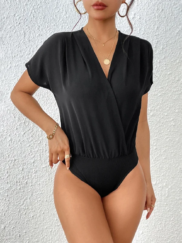 Maternity Bodysuits for Expecting Mothers' ComfortSurplice Short Sleeve Ruched Bodysuit Maternity Bodysuits for Expecting Mothers' ComfortSurplice Short Sleeve Ruched Bodysuit