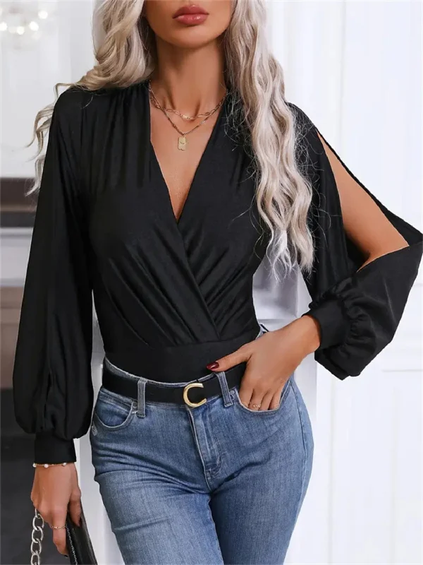 Ruffled Bodysuits with a Playful and Feminine TouchSurplice Slit Long Sleeve Bodysuit