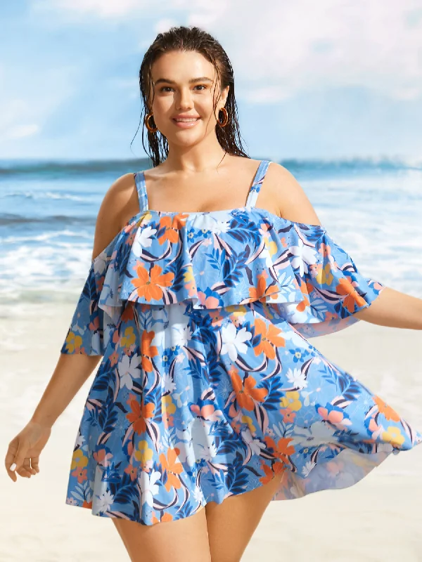 Swim sets with a lace - up detail for a more secure and stylish fitTropical Adjustable Straps Cold Shoulder Ruffles Trim Swim Dress Swim sets with a lace - up detail for a more secure and stylish fitTropical Adjustable Straps Cold Shoulder Ruffles Trim Swim Dress