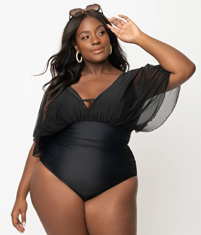 Plus size floral swimsuits for summerUnique Vintage Plus Size Black Mesh Sleeved Torrey Swimsuit Plus size floral swimsuits for summerUnique Vintage Plus Size Black Mesh Sleeved Torrey Swimsuit
