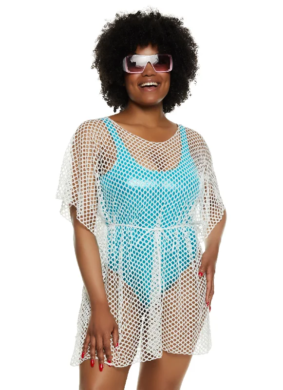 Plus size quick-dry swimsuits for convenienceFishnet Tie Waist Belted Cover Up Top