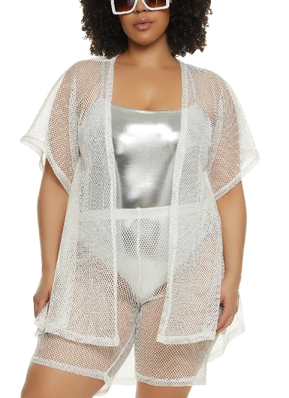 Plus size ruched swimsuits for a slimming effectPlus Size Fishnet Cover Up Kimono