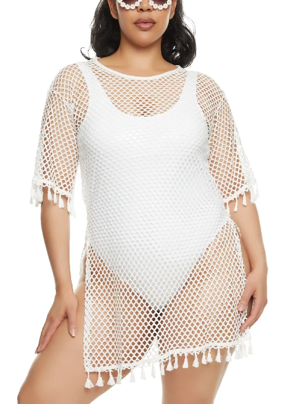 Plus size animal print swimsuits for bold styleTassel Trim Fishnet Cover Up