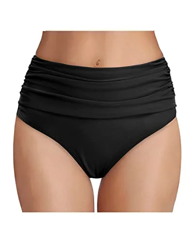 Lace - trimmed bikini for an elegant and romantic touchTummy Control High Waisted Ruched Swim Shorts Bikini Bottom-Black Lace - trimmed bikini for an elegant and romantic touchTummy Control High Waisted Ruched Swim Shorts Bikini Bottom-Black