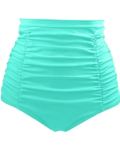 Striped bikini with a classic pattern for a timeless beach aestheticTummy Control Ruched Bikini Bottom For Women-Aqua Striped bikini with a classic pattern for a timeless beach aestheticTummy Control Ruched Bikini Bottom For Women-Aqua