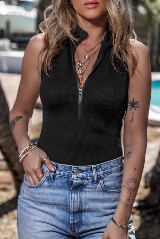 Sleeveless Bodysuits for a Cool and Casual Summer LookZip Up Mock Neck Sleeveless Bodysuit Sleeveless Bodysuits for a Cool and Casual Summer LookZip Up Mock Neck Sleeveless Bodysuit